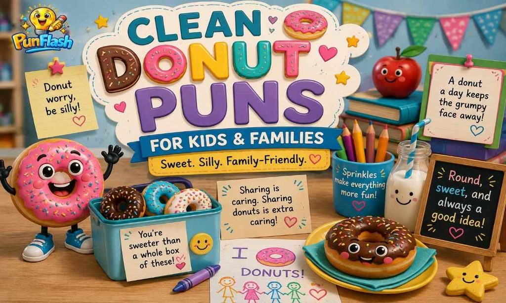 Clean donut puns for kids and families with colorful donuts, sprinkles, classroom supplies, and family-friendly joke messages.
