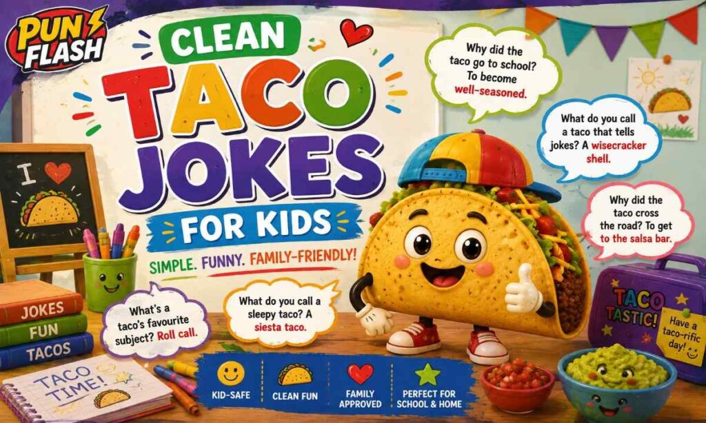 Clean taco jokes for kids with a funny taco character, classroom supplies, colorful food, and family-friendly humor