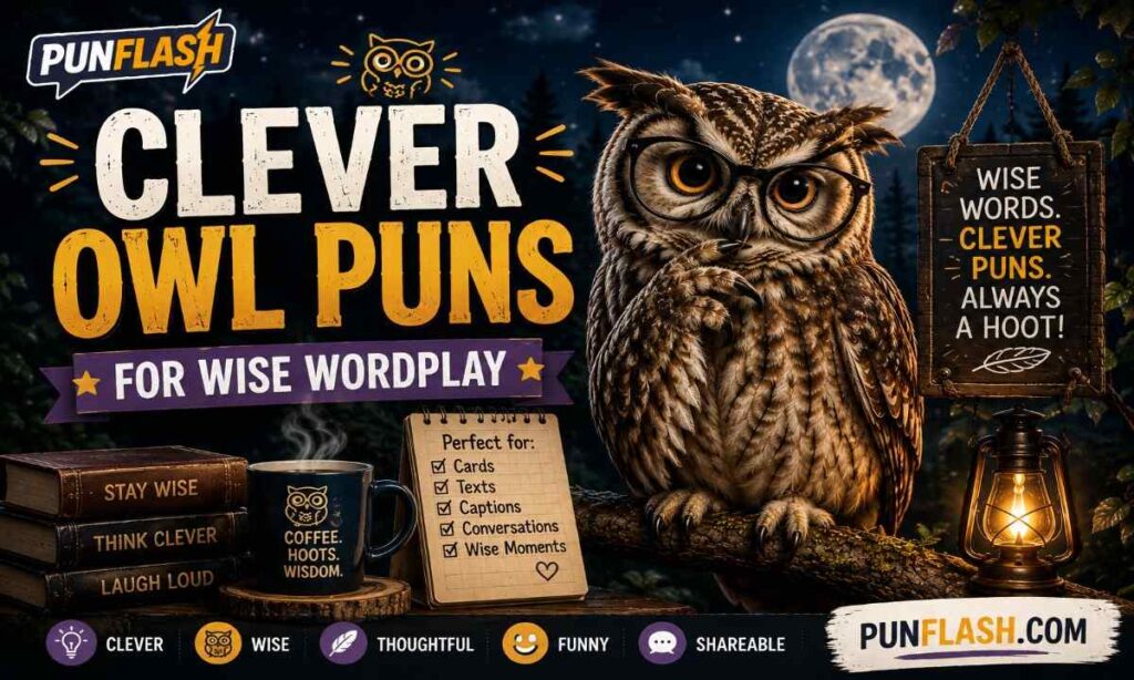 Thoughtful owl wearing glasses on a moonlit branch for clever owl puns and wise wordplay