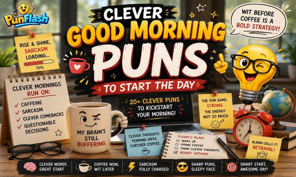 Clever good morning puns with coffee, sarcasm, an alarm clock, and playful morning wordplay.