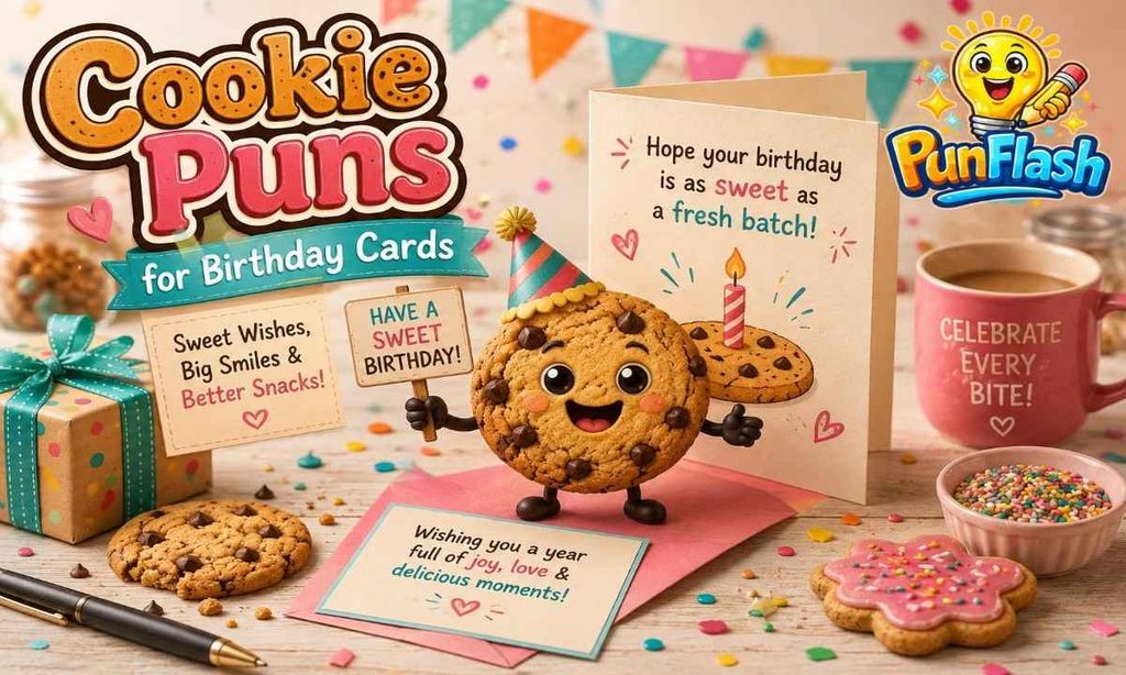 Cookie puns for birthday cards featuring a cheerful chocolate chip cookie, birthday greeting cards, party decorations, gifts, candles, and sweet birthday treats.
