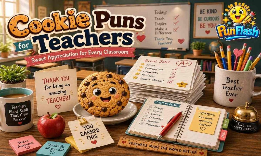Cookie puns for teachers and classrooms featuring a chocolate chip cookie, teacher appreciation card, graded papers, lesson planner, and classroom supplies.