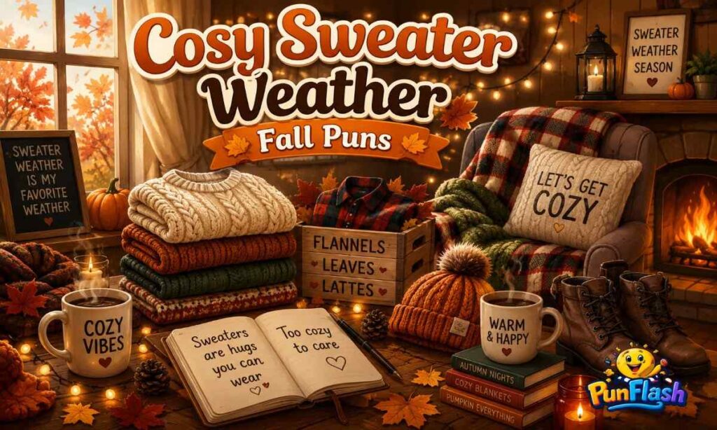Cozy sweater weather illustration with knitwear, autumn leaves, warm drinks, fireplace, and fall décor.
