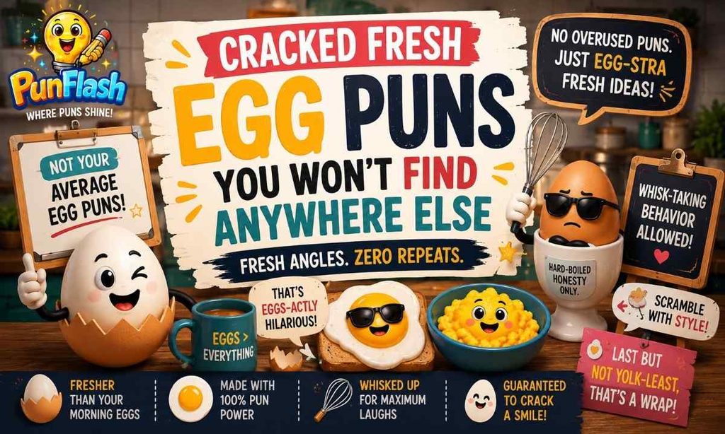 Unique egg puns illustration featuring playful egg characters, yolk, eggshells, whisk, toast, and fresh kitchen wordplay