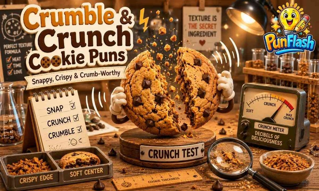 Crumble and crunch cookie puns illustrated with a chocolate chip cookie snapping apart, flying crumbs, crispy edges, and a cookie crunch test.