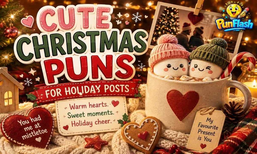 Cute Christmas puns for holiday posts featuring cozy cocoa, heart-shaped decorations, gingerbread cookies, a candy cane, Christmas lights, and warm festive decor