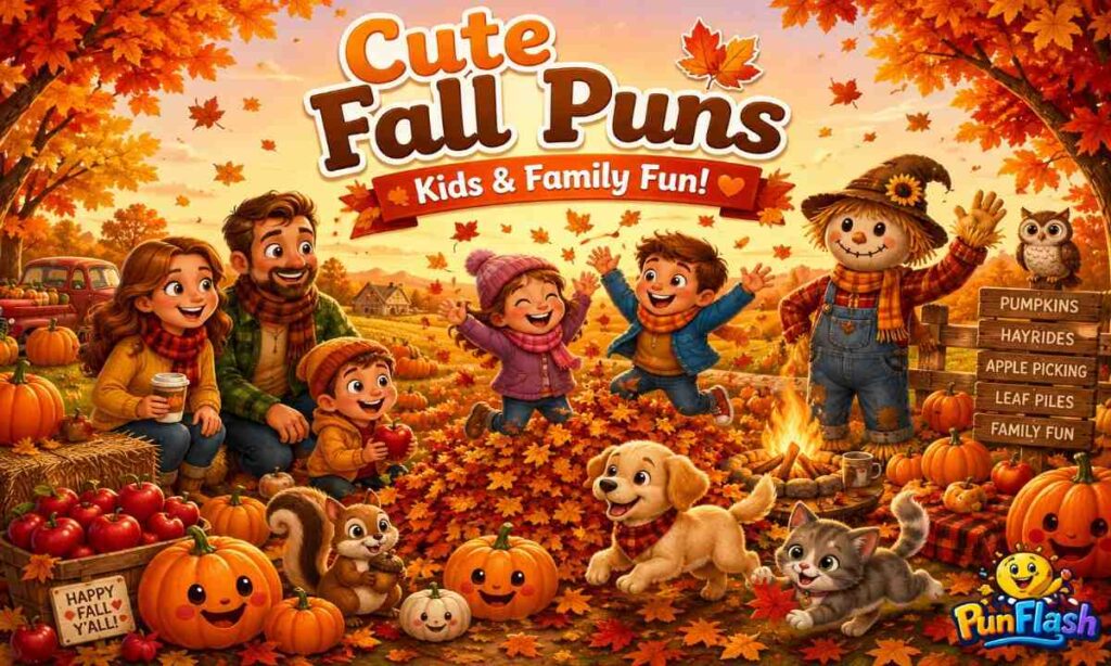 Cute Fall Puns illustration with happy kids, smiling pumpkins, colorful autumn leaves, puppy, kitten, scarecrow, and family-friendly fall scenery.
