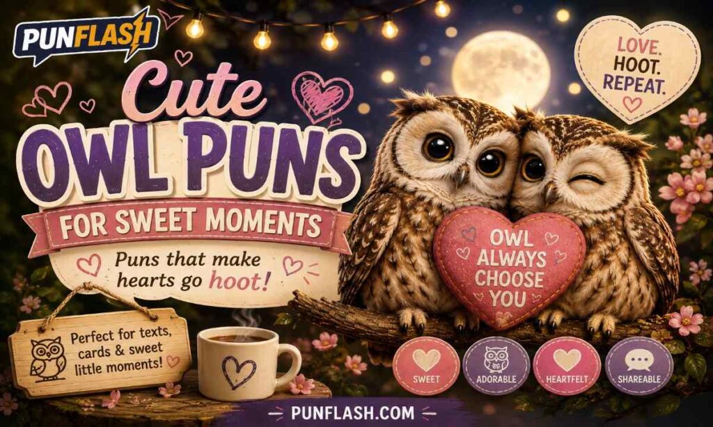 Cute owl couple cuddling on a branch under a moonlit sky for sweet owl puns