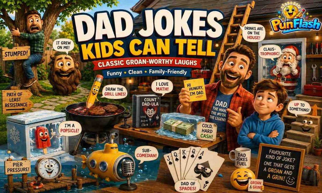Dad jokes kids can tell featuring a funny father, barbecue, ladder, stairs, cards, freezer, and classic family-friendly wordplay.