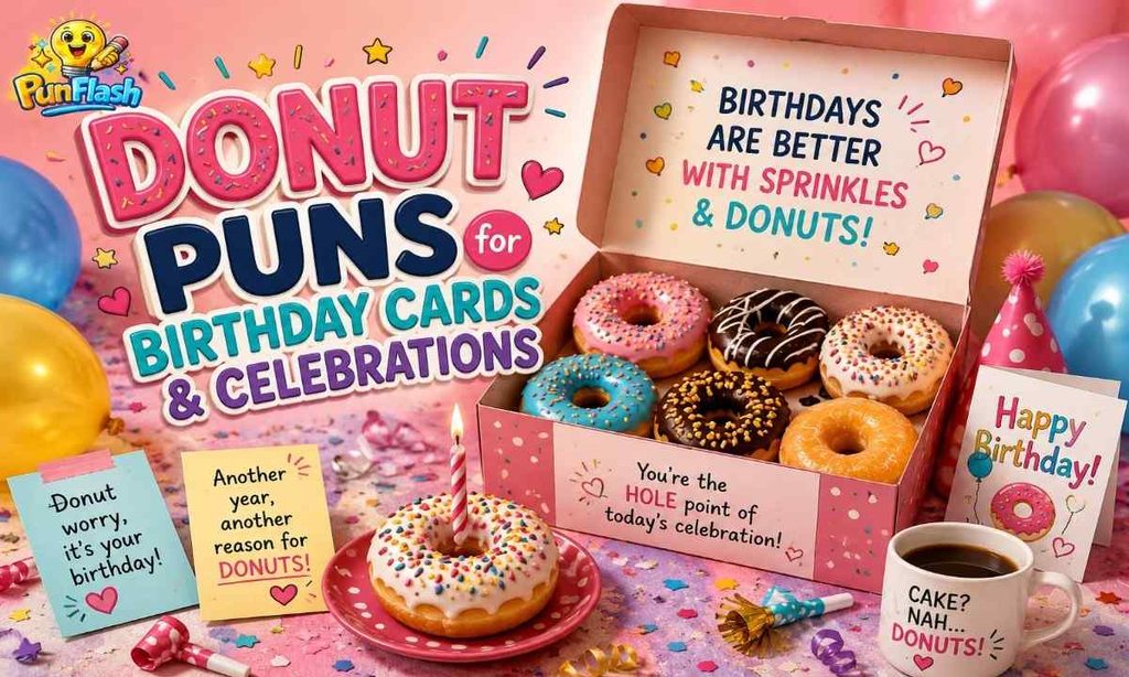 Donut puns for birthday cards and celebrations with sprinkled donuts, birthday candles, balloons, gift boxes, and party decorations.