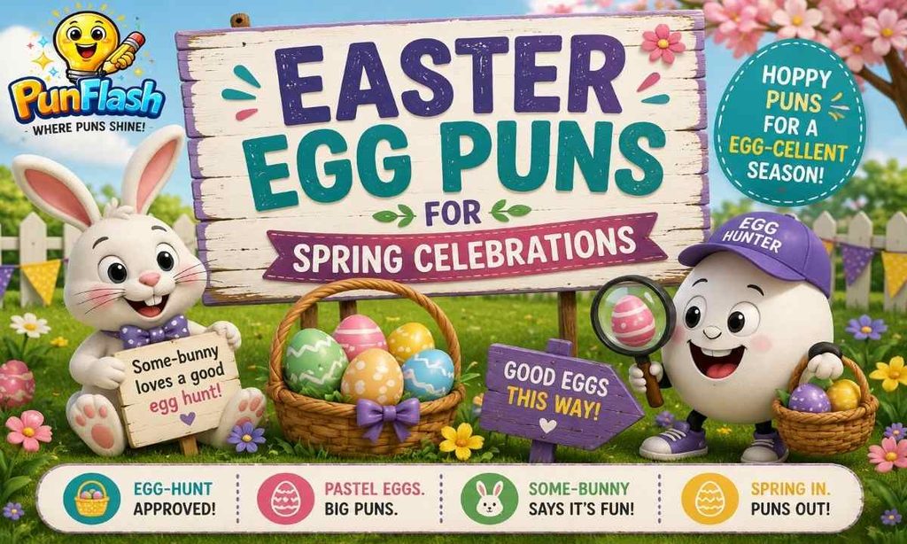 Colorful Easter egg puns illustration showing decorated Easter eggs, an egg hunt, spring flowers, and a playful bunny.