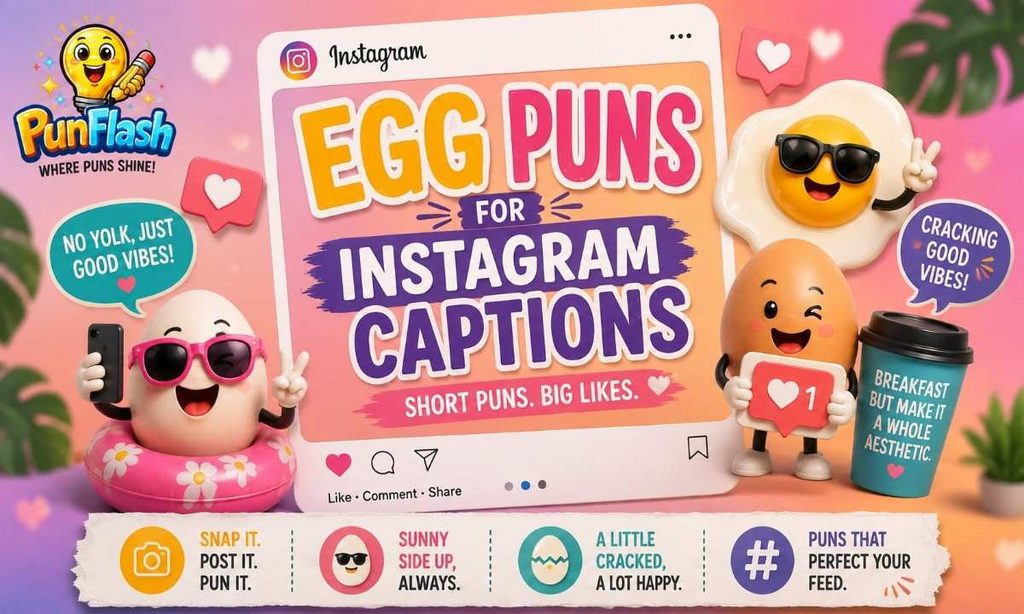 Funny egg puns for Instagram captions shown with cartoon eggs, likes, hearts, hashtags, and a social media post.