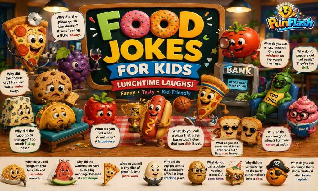Food jokes for kids featuring funny pizza, cookie, grape, taco, burger, cupcake, fruit, sandwich, and other food characters.