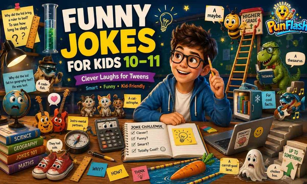 Funny jokes for kids ages 10–11 with clever school, science, geography, technology, animal, and wordplay humor.