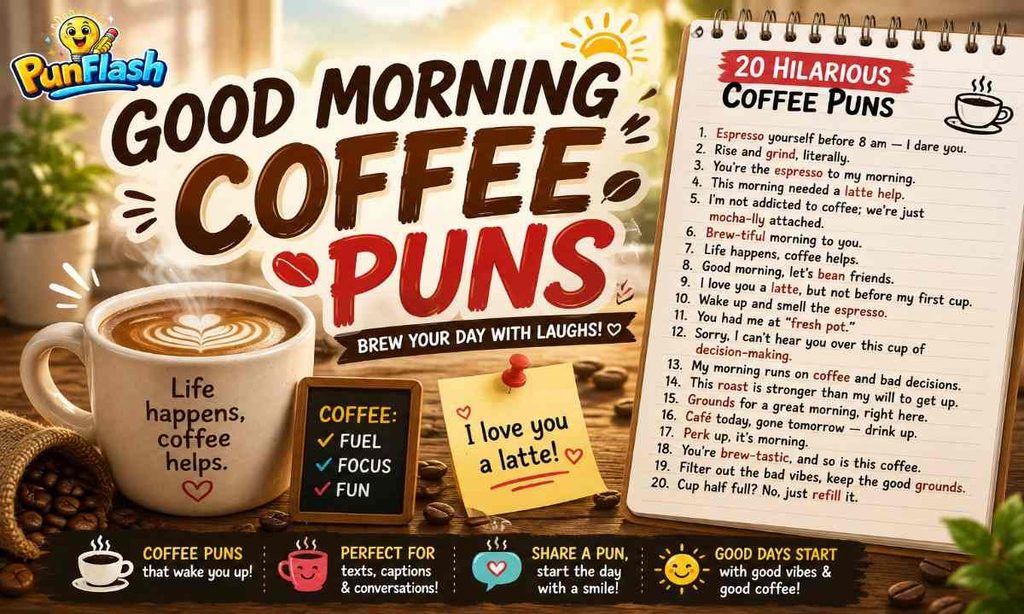 Good morning coffee puns with a steaming coffee cup, coffee beans, and playful morning wordplay
