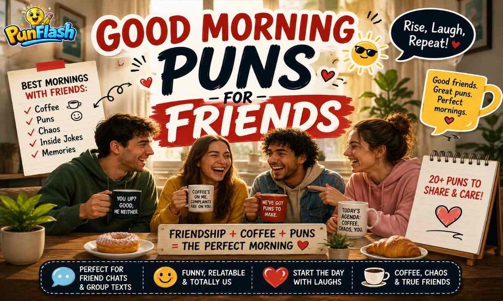Good morning puns for friends with coffee mugs, playful jokes, and friends sharing laughs.
