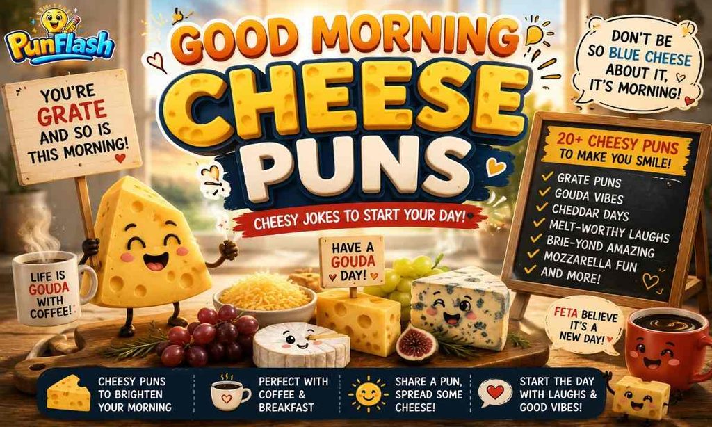 Good morning cheese puns featuring smiling cheese, coffee, breakfast, and playful cheesy wordplay.