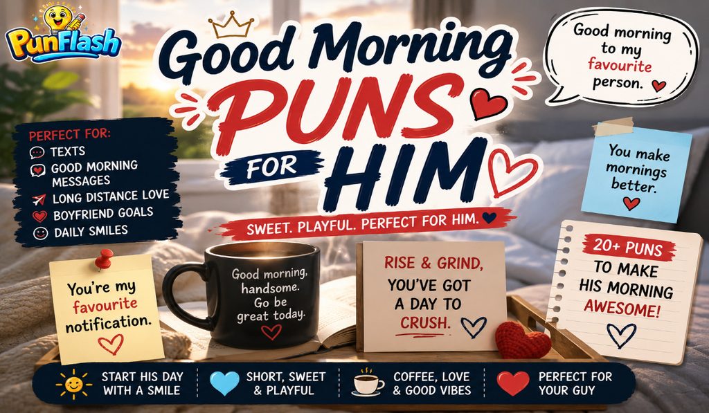 Good morning puns for him with coffee, romantic notes, playful messages, and cheerful morning ideas.