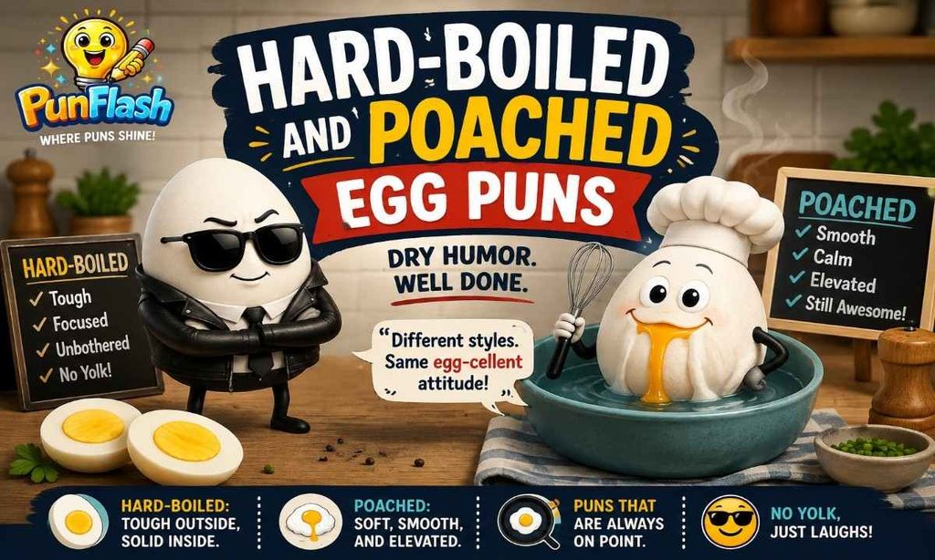 Hard-boiled and poached egg puns with funny cartoon egg characters.