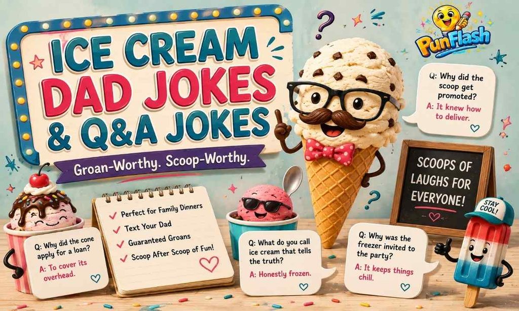 Ice cream dad jokes and Q&A jokes featuring funny ice cream characters, joke cards, speech bubbles.