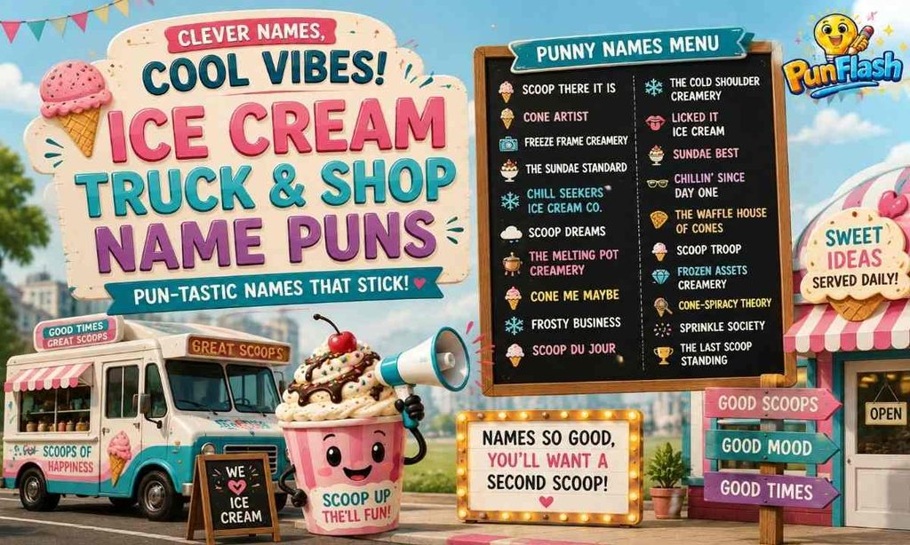 Ice cream truck and shop name puns featuring a colorful ice cream truck, pun-filled menu board, dessert shop signs.