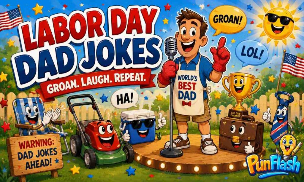 Funny Labor Day dad jokes cartoon with comedy stage, folding chair, lawn mower, cooler, briefcase, and family-friendly humor