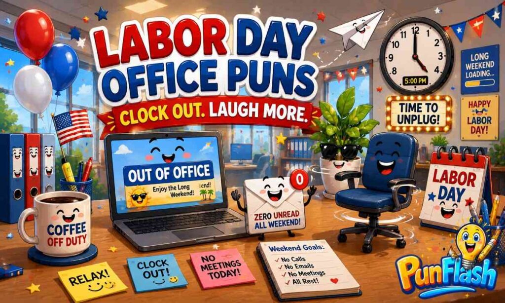 Funny Labor Day office puns illustration with out of office laptop, email notifications, coffee mug, office chair, and Labor Day desk calendar
