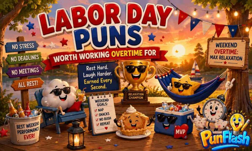 Cartoon Labor Day puns illustration with relaxation champion trophy, hammock, cooler, pie, sunset, and long weekend celebration