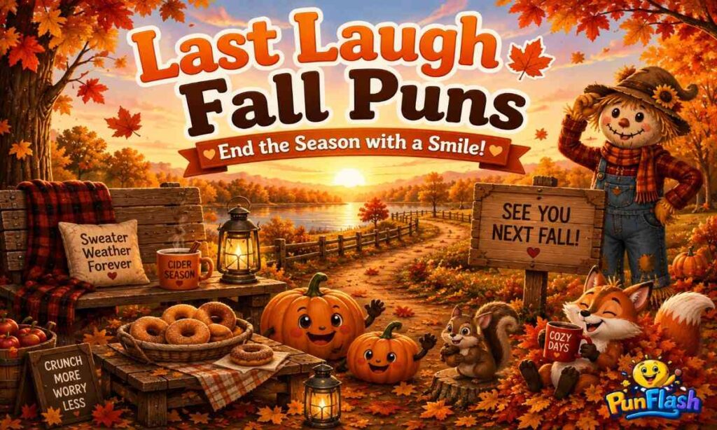 Last Laugh Fall Puns illustration with smiling pumpkins, colorful autumn leaves, apple cider, doughnuts, scarecrow, squirrel, fox, and a cozy fall sunset.