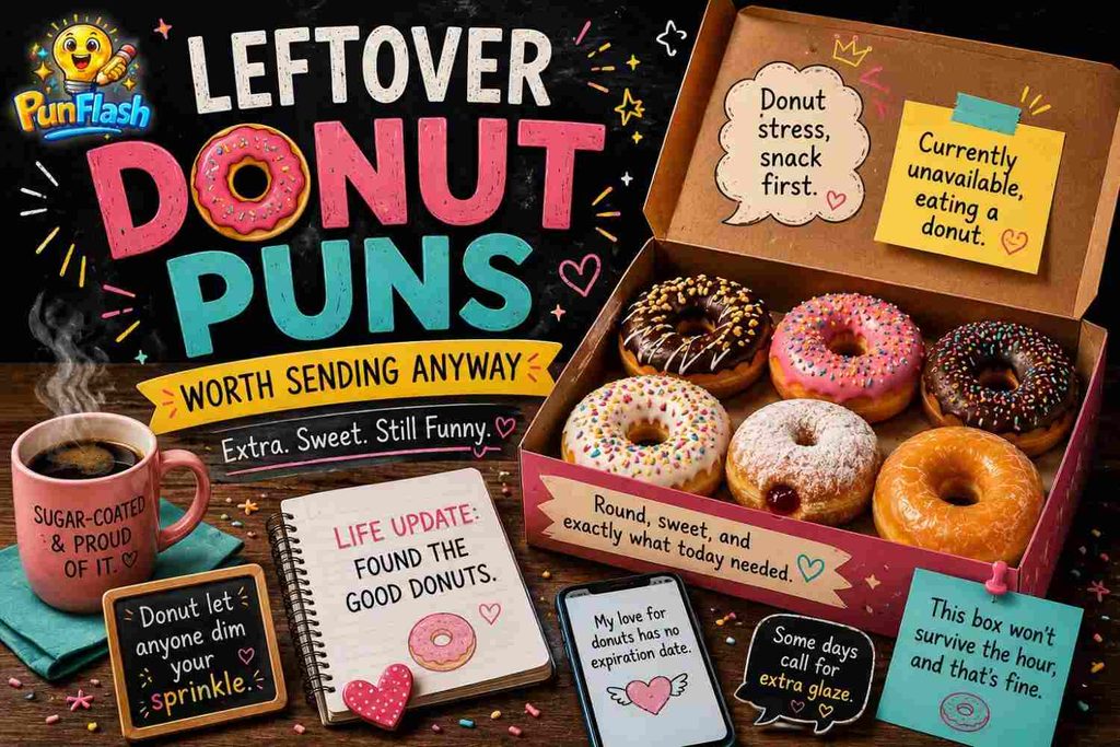 Leftover donut puns with a box of assorted donuts, coffee, funny notes, and playful messages worth sharing