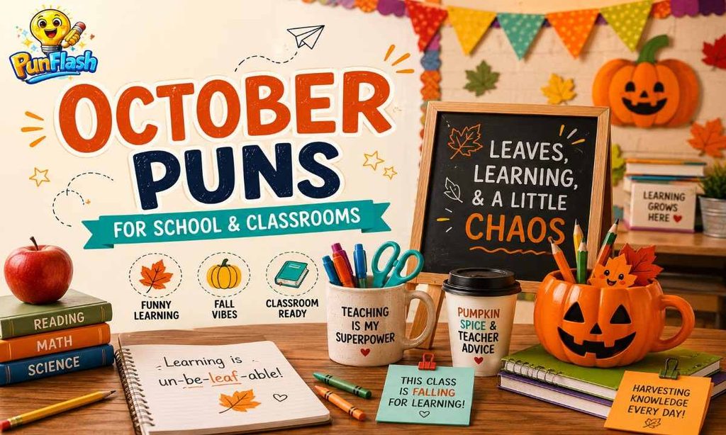 ctober puns for school and classrooms with books, apples, pumpkins, fall leaves, school supplies, and a playful classroom chalkboard.