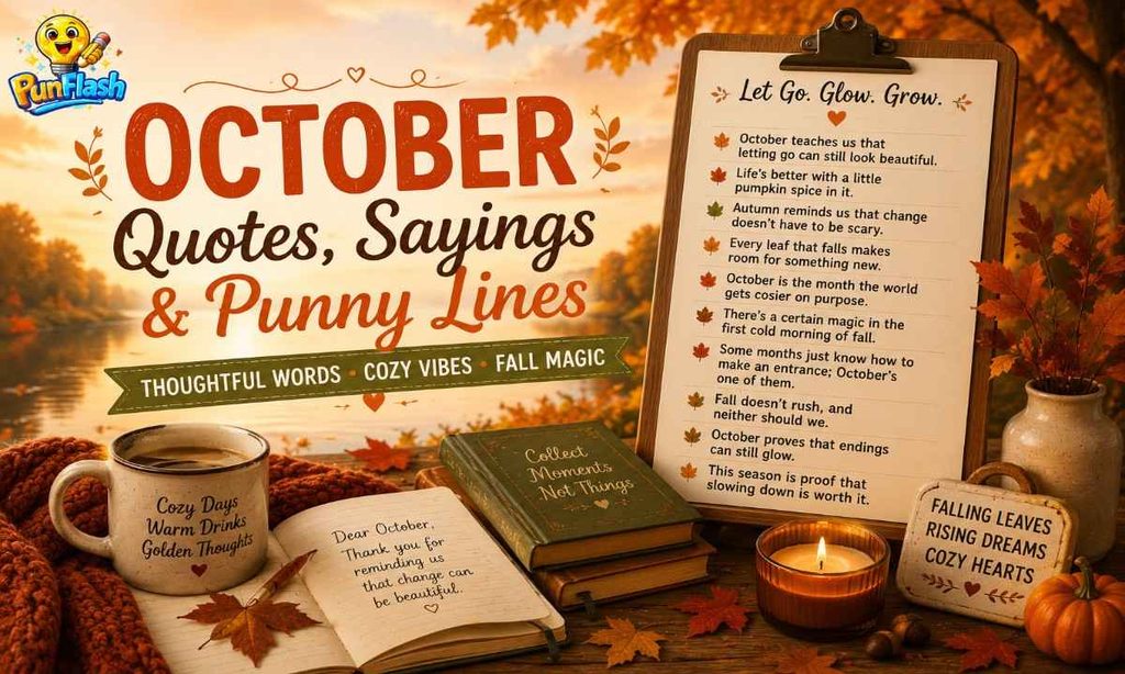 October quotes and sayings with thoughtful fall messages, autumn leaves, cozy journal, warm coffee, candle, and golden autumn scenery.