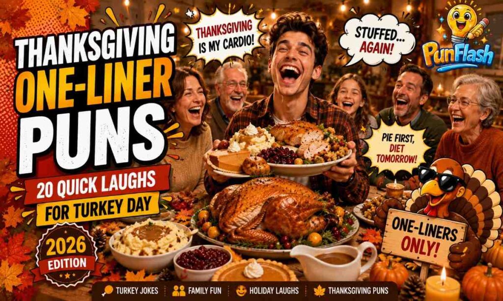 Funny Thanksgiving one-liner puns with turkey, family dinner, and holiday humor.