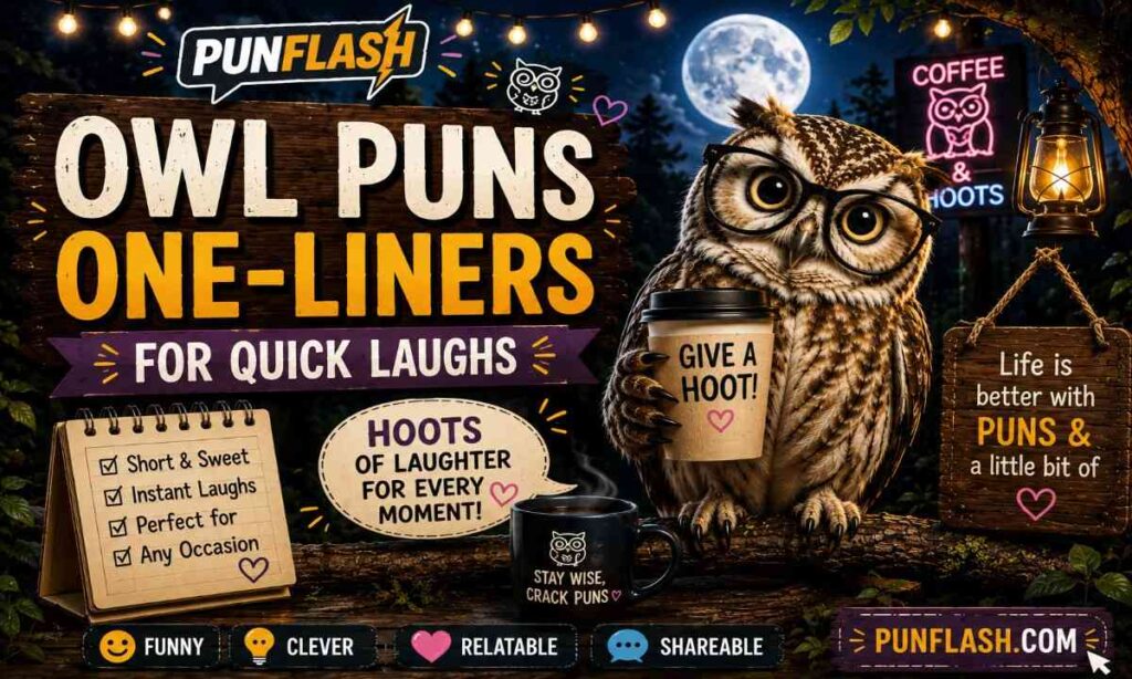 Funny owl wearing glasses and holding a coffee cup at night for owl puns one-liners