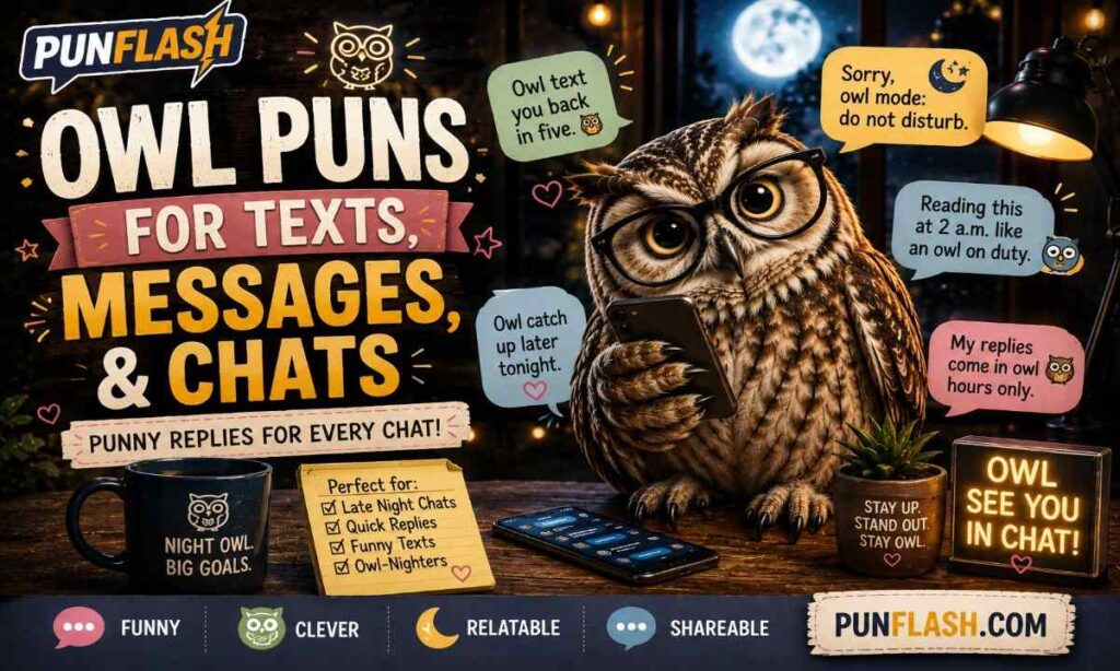 Funny owl wearing glasses and holding a smartphone for owl puns, texts, messages, and chats