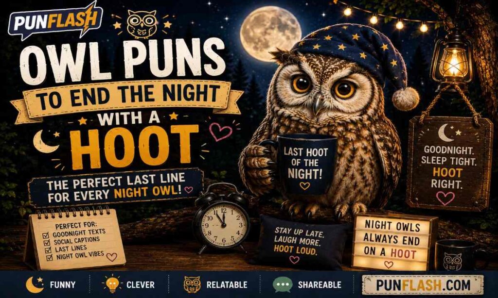 Owl wearing a starry nightcap and holding a mug under the moon for nighttime owl puns