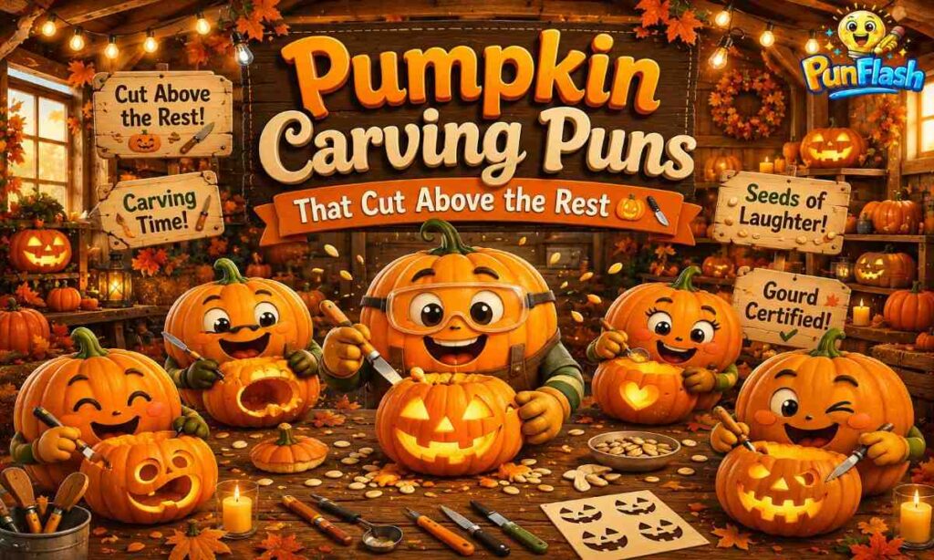 Pumpkin carving puns cartoon showing smiling pumpkins carving jack-o'-lanterns with funny faces in a cozy fall workshop.