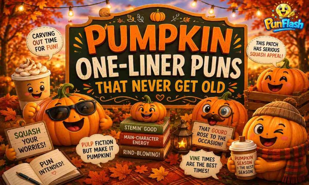 Pumpkin one-liner puns cartoon with smiling pumpkins, funny fall jokes, autumn leaves, and cozy Halloween decorations.
