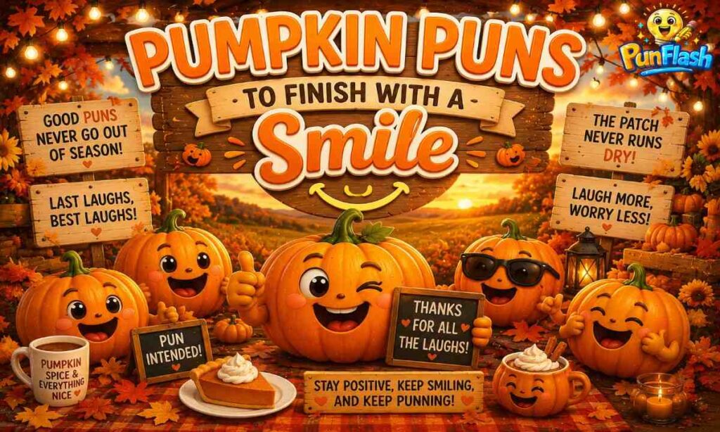 Funny pumpkin puns cartoon with smiling pumpkins, cozy fall decorations, autumn leaves, and harvest-themed humor.