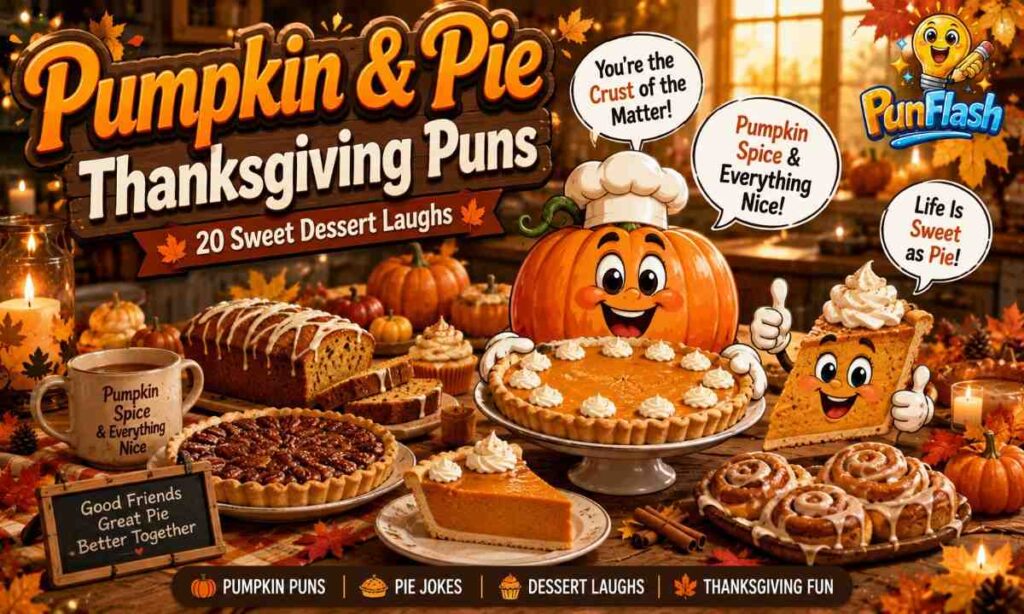 Pumpkin and pie Thanksgiving puns featuring pumpkin pie, autumn desserts, and festive holiday humor.