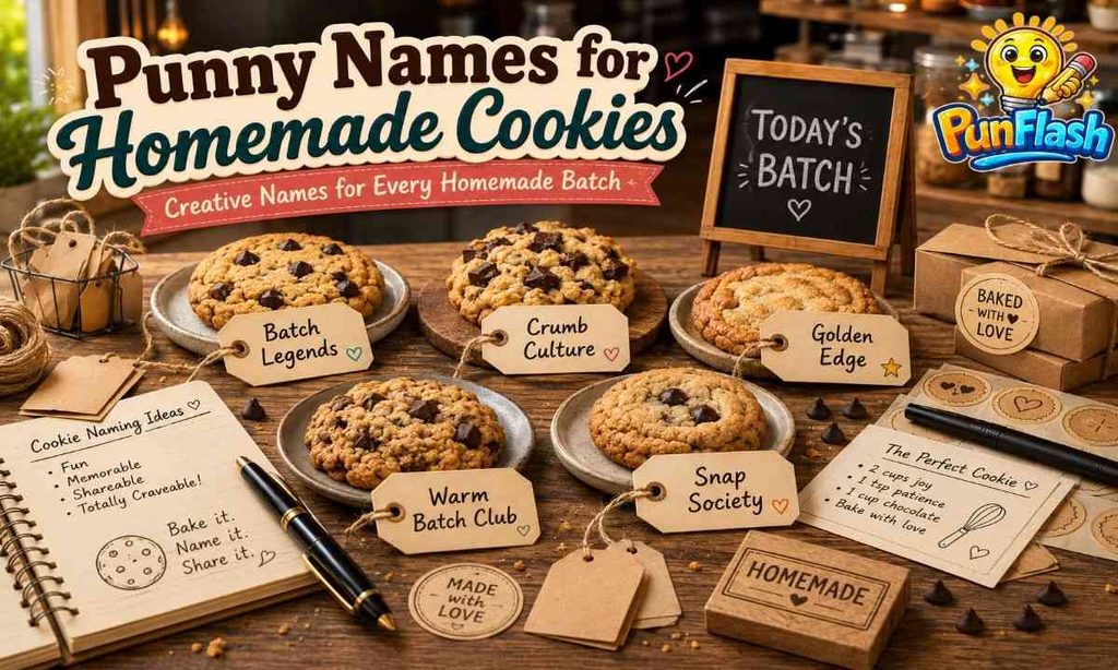Punny names for homemade cookies displayed on creative bakery tags beside a fresh batch of chocolate chip cookies, recipe notebook, and homemade packaging.