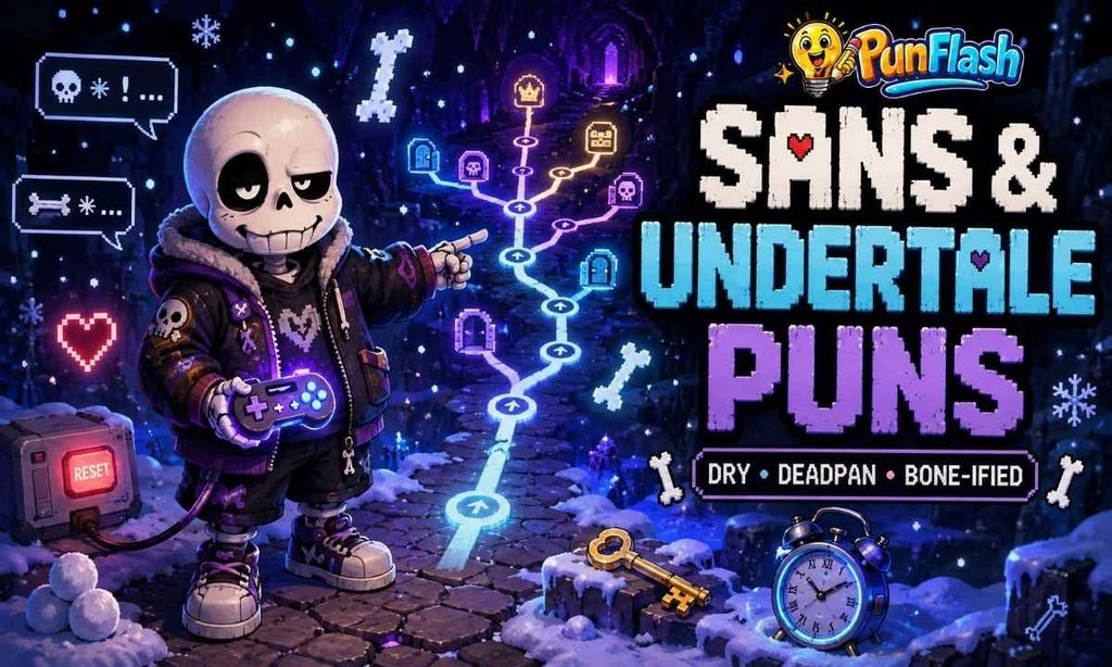 Original cartoon skeleton in a retro video game world for Sans and Undertale skeleton puns.