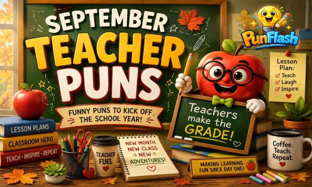 September teacher puns for classroom laughs, featuring a funny apple teacher, school supplies, lesson plans, and back-to-school humor