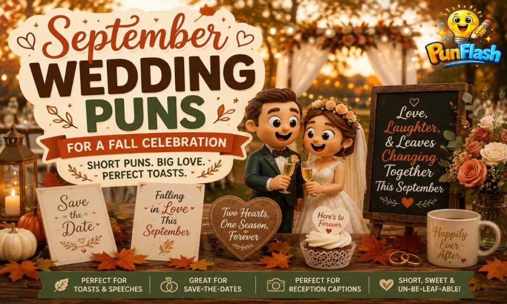 September wedding puns for a fall celebration, featuring a happy couple, autumn wedding decorations, flowers, wedding rings, and romantic seasonal humor