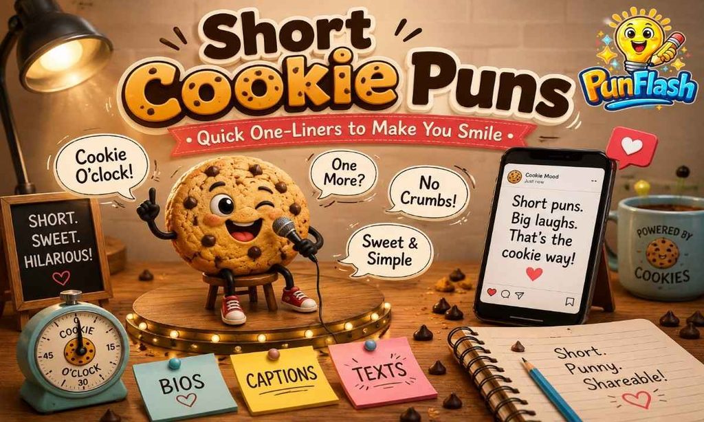 Short cookie puns and one-liners illustrated with a funny chocolate chip cookie comedian, quick joke speech bubbles, captions, texts, and cookie-themed notes.