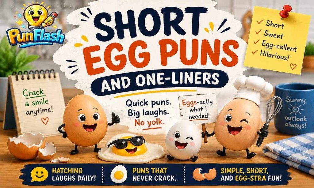 Short egg puns and funny one-liners with cheerful egg characters.