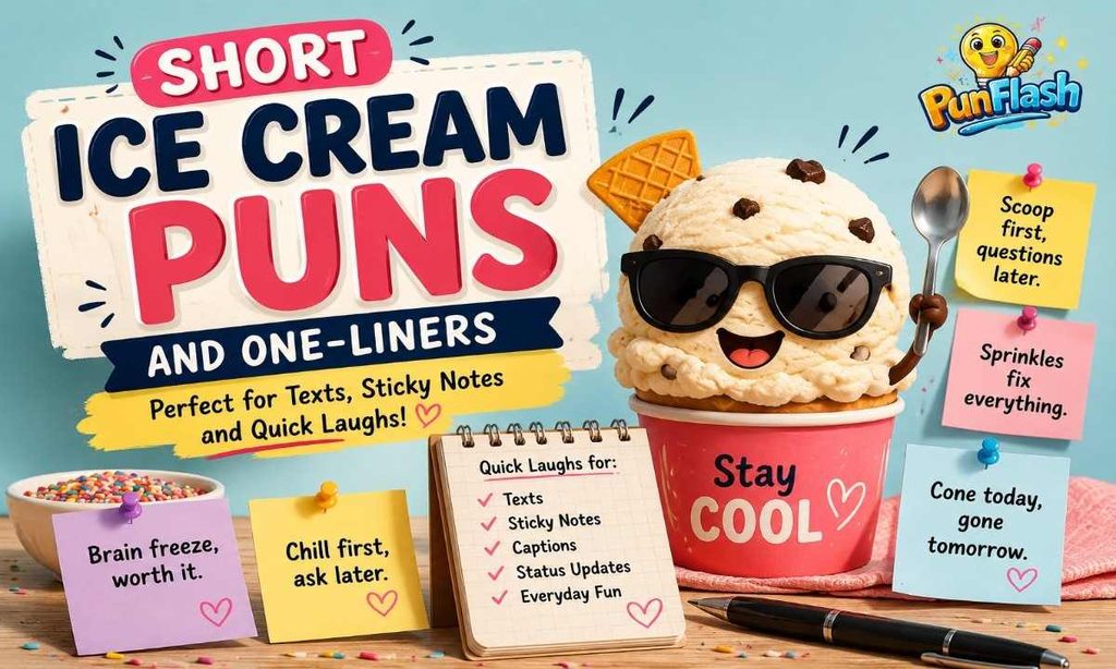 Short ice cream puns and one-liners with a playful ice cream scoop, sticky notes, spoon.