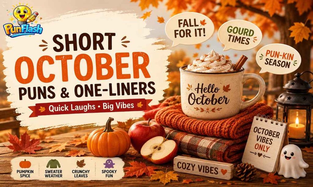 Short October puns and one-liners with a cozy autumn coffee mug, pumpkin, apples, sweater weather and fall leaves.