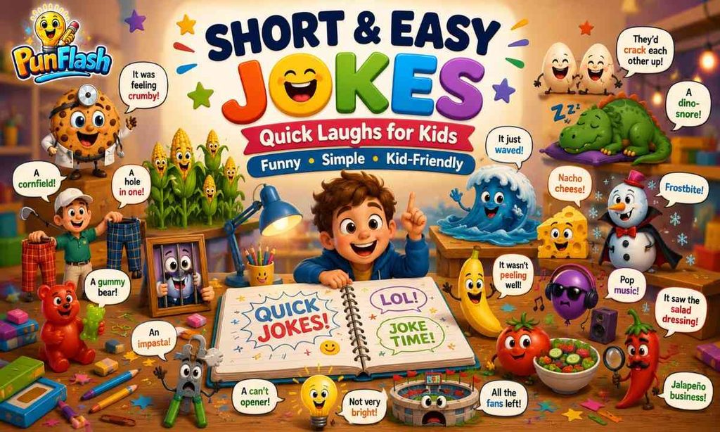 Short and easy jokes for kids featuring quick funny jokes, animal jokes, food jokes, dinosaur jokes, school jokes, and simple kid-friendly humor.