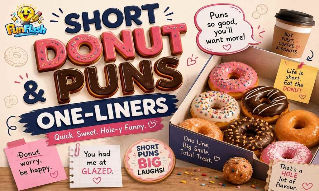 Short donut puns and one-liners with colorful glazed and sprinkled donuts, coffee, and funny pun notes.